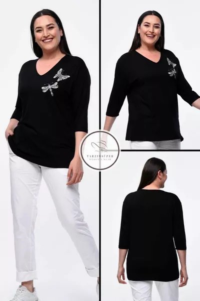 Plus Size New Season Comfortable Stretchy Model with Butterfly Embroidered Pattern, Half Sleeve, Mom's 4-Season Blouse