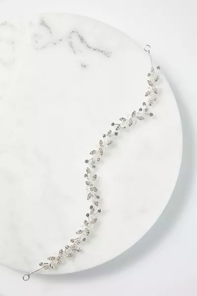 Дамска тънка сватбена диадема с кристали, сребърен/прозрачен с детайл листо -1