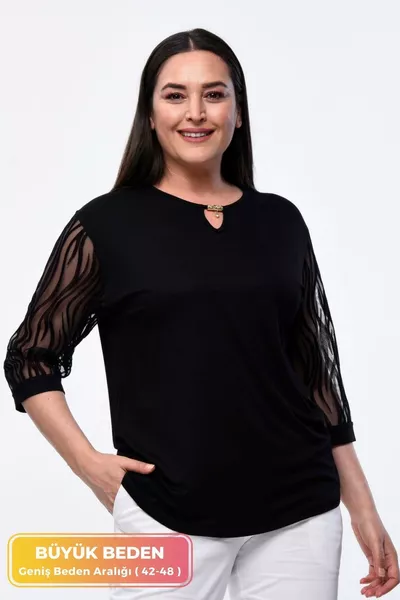 Plus Size New Season Short Sleeve Evening Dress Model with Lace Sleeves, All-Season Tulle Detailed Elegant Mother's Blouse