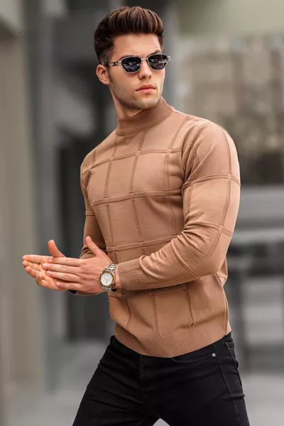 Beige Turtleneck Knit Sweater 