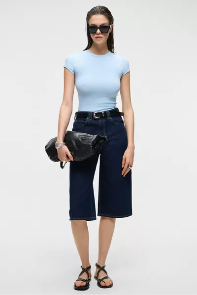 HOPEWELL Kadın Yuvarlak Yaka Örme Slim Fit Mavi T-Shirt