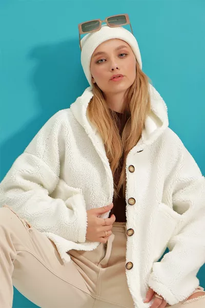 المرأة كريم فاتح زر أمامي معطف أفخم