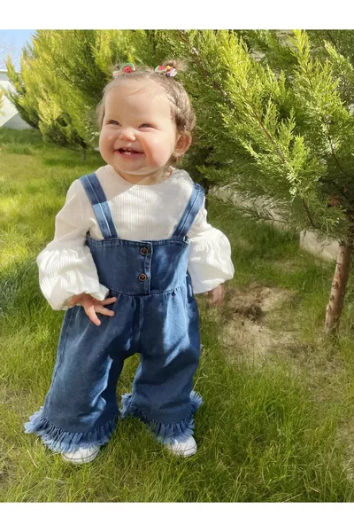 Tuta Palazzo Jean Kot Salopette % Cotone con Lycra, Maglia a Costine, Blusa a Palloncino, Set di Lusso con Frange per Bambina