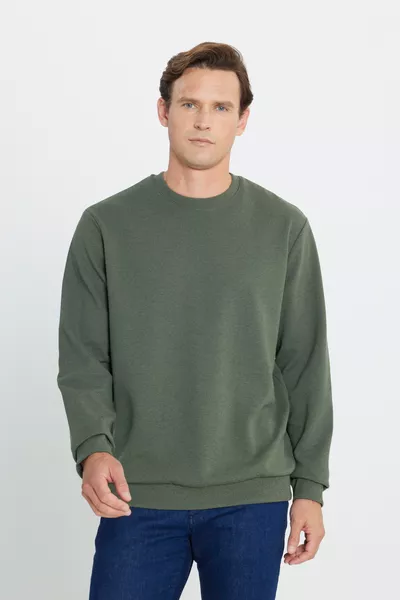 Men's Khaki 2-Ply Textured Warm Standard Fit Regular Cut Crew Neck Sweatshirt