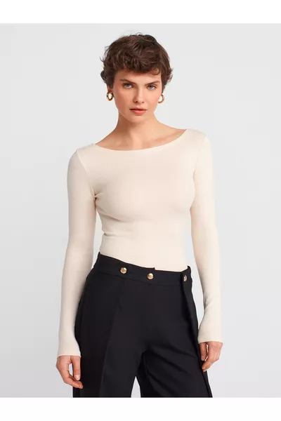  Kayık Yaka Uzun Kollu Top-Taş