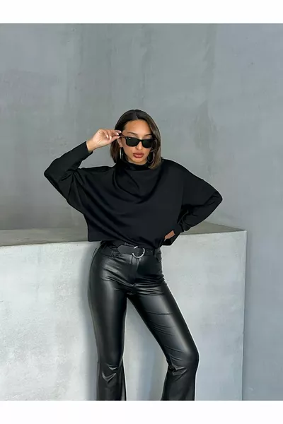 Damen Schwarze Interlock-Stoff Bluse mit Stehkragen und Fledermausärmeln