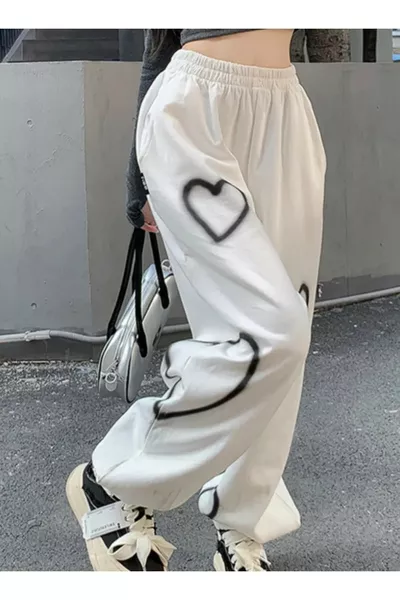Pantaloni da donna Harajuku Heart stampati cuore oversize con vita regolabile