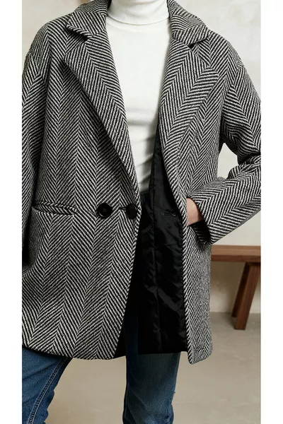 معطف صوف بجودة مميزة للنساء بنقشة عظم السمكة الرمادية