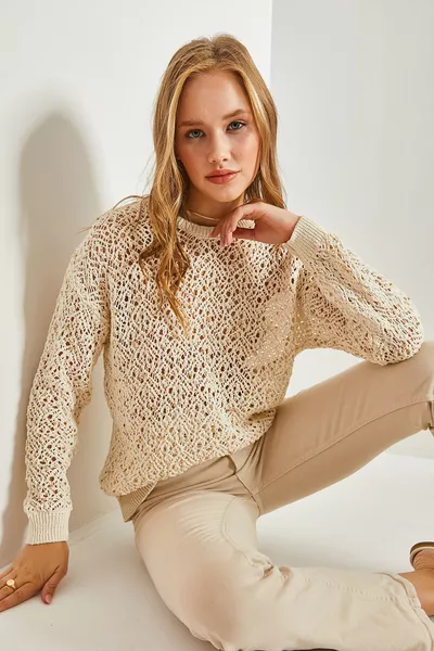 Kadın Ajurlu Taş İşlemeli Triko Kazak