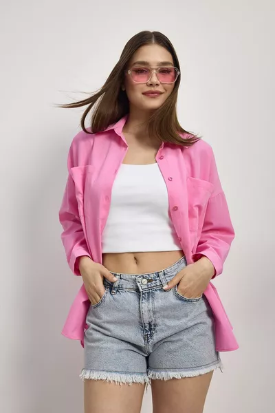 Zuckerrosa Oversize Lange Basic-Hemd mit Doppelten Taschen - a