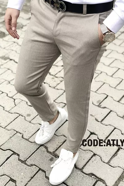 Men's Beige Slim Fit Stretch Linen Pants