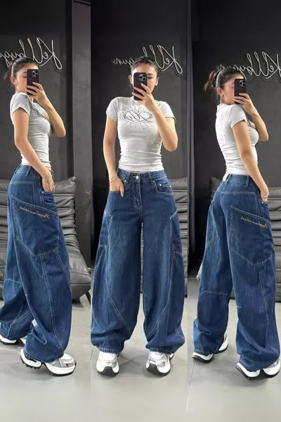 Lacivert Kanguru Cepli Salaş Baggy Kot Pantolon