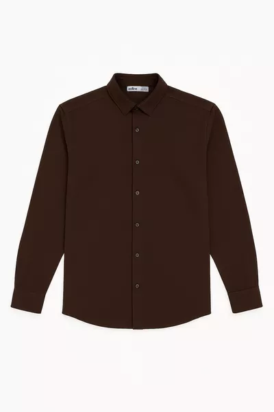 قميص رجالي بني مرن، نحيف، ناعم، سهل الكي، قابل للتنفس