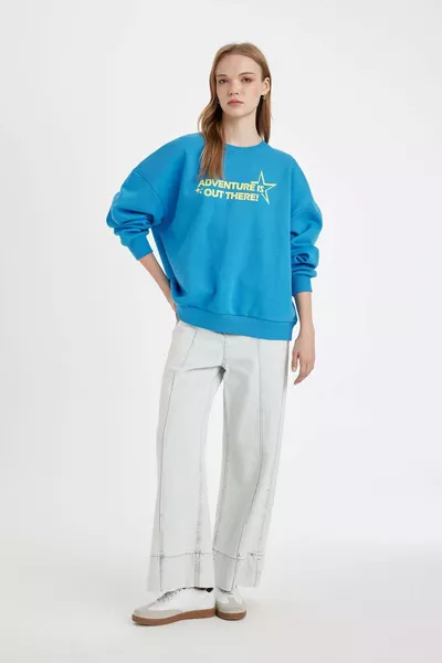 سويت شيرت سميك فضفاض برقبة دائرية وطبعة على الظهر AU