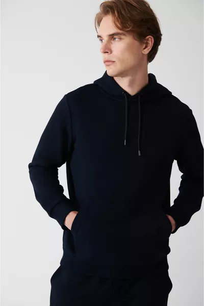 Men's Navy Blue Hooded 3-Ply Brushed Cotton Sweatshirt 