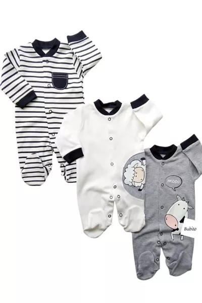 3-teiliges Baby-Strampler-Set mit Lamm- und Kuhmotiven
