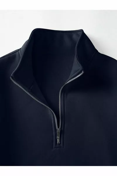 سويت شيرت أزرق كحلي بياقة عالية بسحاب، واسع ومناسب للجنسين