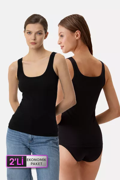 2-Piece Economic Pack Black  Square Neck Thick-Strap Basic Cotton Tank Top Set