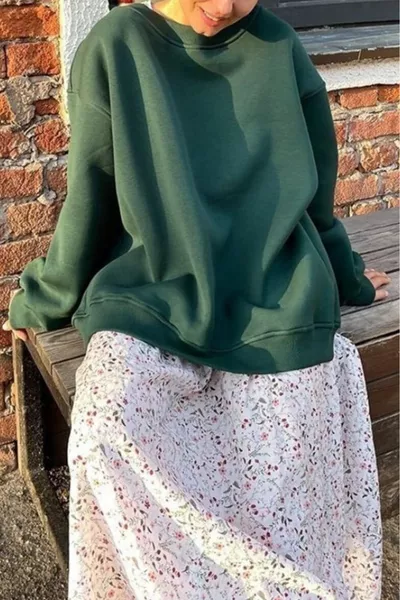 Damen Sweatshirt mit Rundhalsausschnitt, innen angeraut, weich und locker, Winter, DUNKELGRÜN