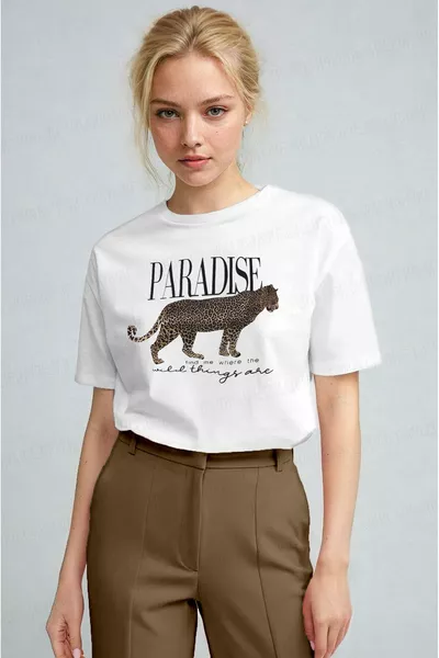 Damen Weiß Paradise Leopard Damen Kurzarm Relax Fit Bequemes Regular Fit T-Shirt