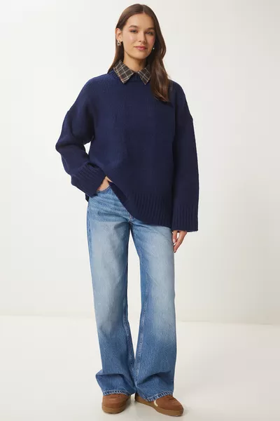 Zacht Geweven Oversized Trui Donkerblauw 