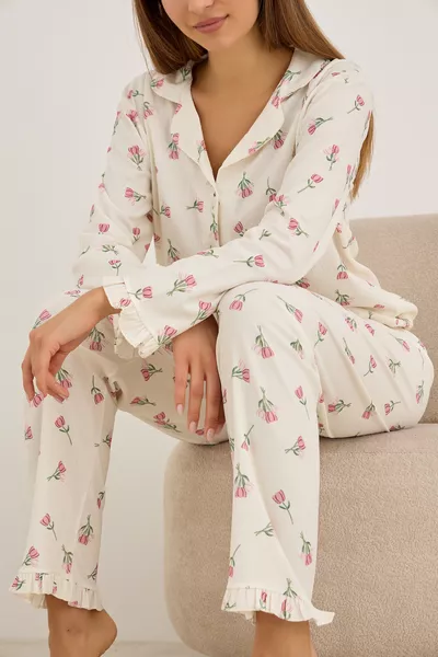 Ecru Tulip Print Brushed-Crepe Long Sleeve Buttoned Pajama Set 