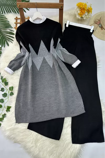 طقم بنطلون وتونيك محبوك زيكزاك - أسود