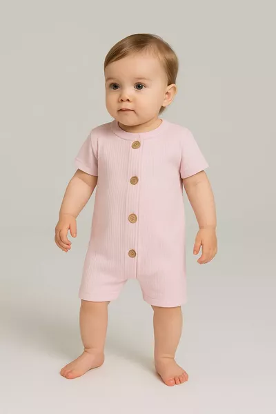 Short Sleeve Wooden Button Organic Baby Romper Set