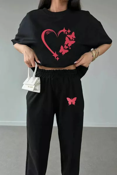 LUNAVISTA Женская футболка с принтом сердечка и бабочки - Джоггер топ с круглым вырезом, спортивный костюм