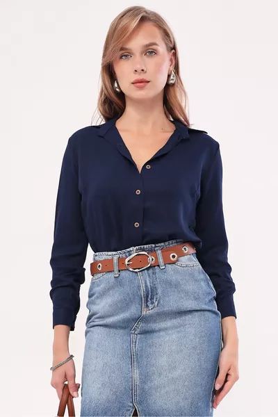 Kadın Lacivert Uzun Kollu Düz Gömlek 