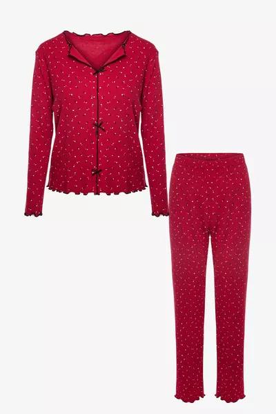 طقم بيجامة نسائي طويل الأكمام مع فيونكة وتفاصيل درزة أوفورلوك من كاشكورسي