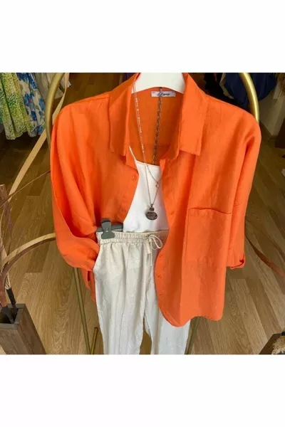 Chemise en lin oversize pour femme, couleur Truncu foncé, avec une seule poche