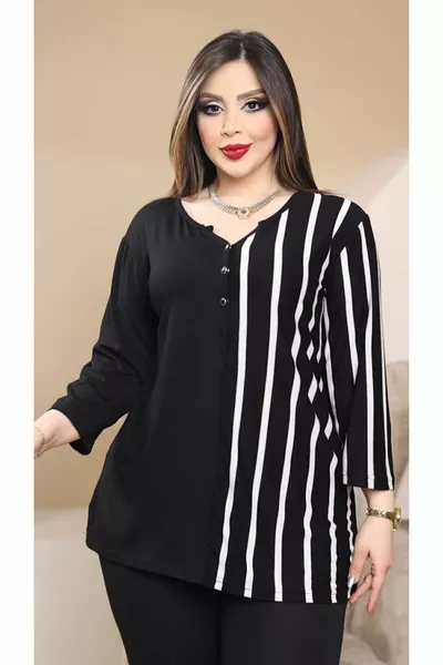 WOMEN'S PLUS SIZE BLACK AND WHITE STRIPED MANDARIN COLLAR BLOUSE
