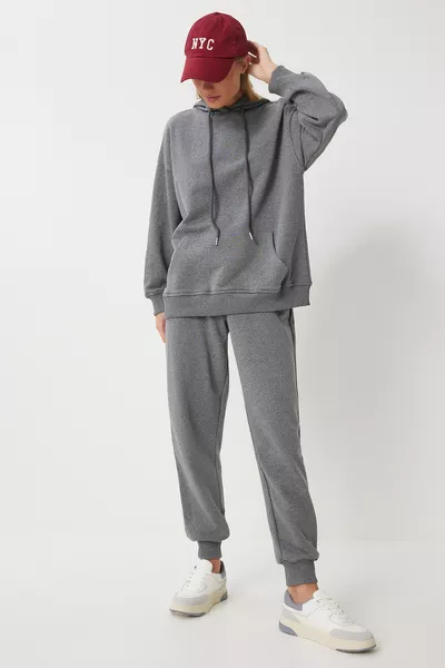 Women's Anthracite Hooded Sweatshirt Jogger Oversized Knitted Tracksuit Set 