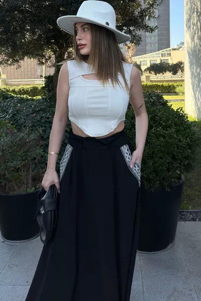 Gonna lunga a trapezio da donna, nera, con elastico in vita, tasche ricamate a rattan, taglio comodo