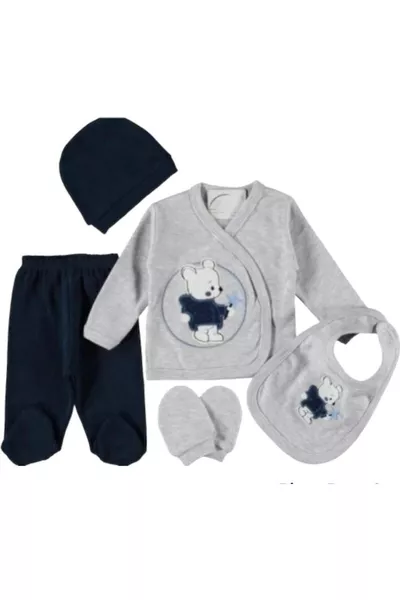% Cotton Baby Grey Star Teddy Luxury Hospital Exit Bodysuit Set Newborn Daily Grey 5-Piece Set
