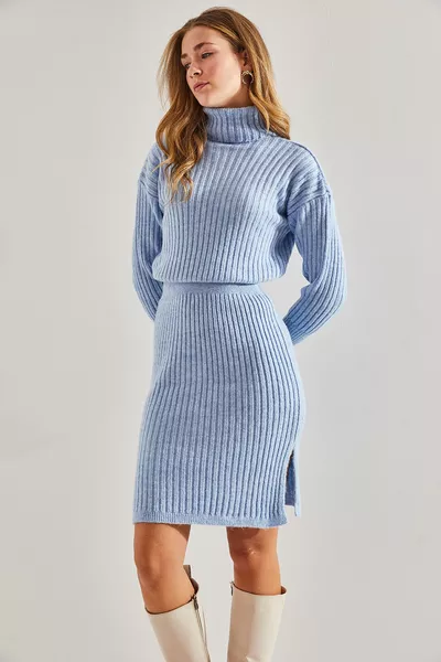 فستان بحزام مرن وياقة صيد السمك نسائي