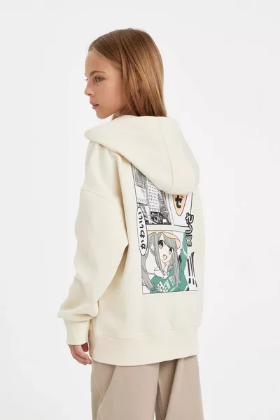Kız Çocuk Oversize Geniş Kalıp Sırt Baskılı Kapüşonlu Sweatshirt WN