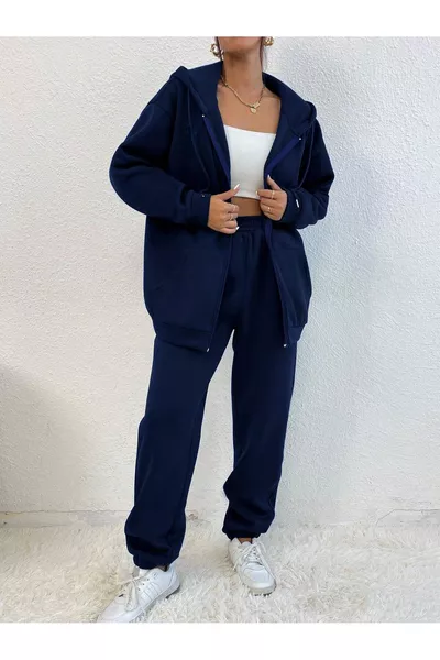 Ensemble de survêtement femme d'hiver épais oversize avec capuche zippée bleu marine