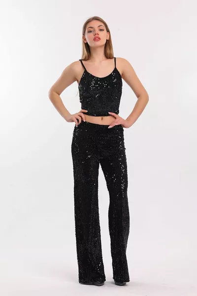Lined Elastic Wide-Leg Sequin Plus Size Evening Pants |  Black Black