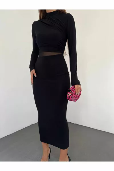 Elastisches Sandy-Gewebe Tüll Dekolleté Detail Stehkragen Langarm Midi Bleistiftkleid