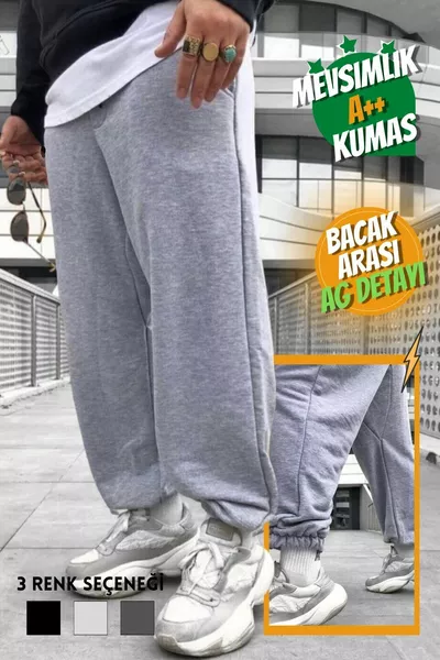 2-Ply Summer Grey Oversized Sweatpants with Elastic Cuffs, Loose Fit, Plus Size Bottoms
