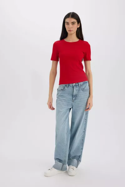 Slim Fit Narrow Cut Crew Neck Basic Plain Ribbed Short Sleeve Red T-Shirt AU