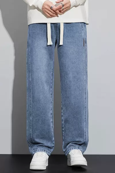 Erkek Mavi Baggy Beli Lastikli Likralı Düz Paça Bol Kesim Esnek Jean Denim Kot Pantolon