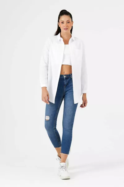 Damen Tunika-Hemd mit Taschen und verdeckter Knopfleiste