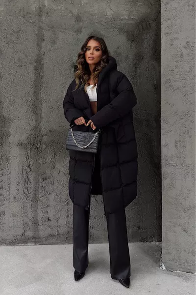 Giacca imbottita lunga oversize da donna con cappuccio - Nero