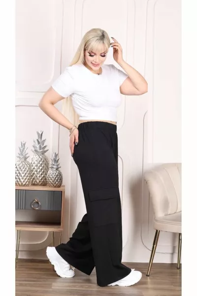 Women's Plus Size Stretch High-Waist Cargo Pocket Crepe Pants  Black