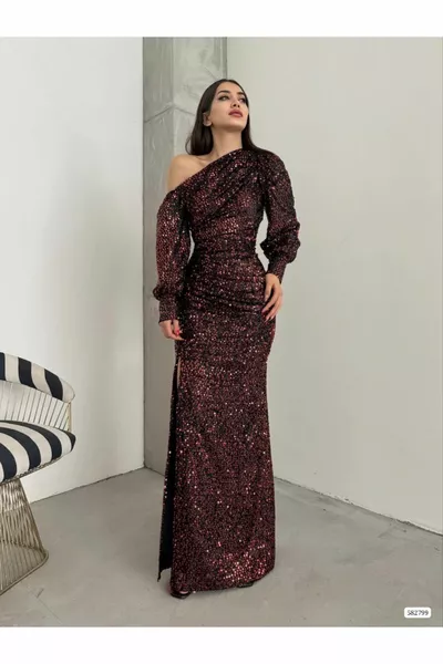 Off-the-Shoulder Long Sleeve Slit Sequin Maxi Length Evening Dress