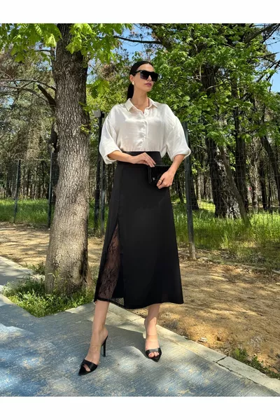 Satin long skirt with lace detail on black sides 