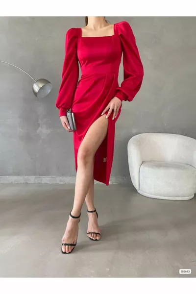 مربع الرقبة الأحمر ميدي طول الساتان مساء اللباس